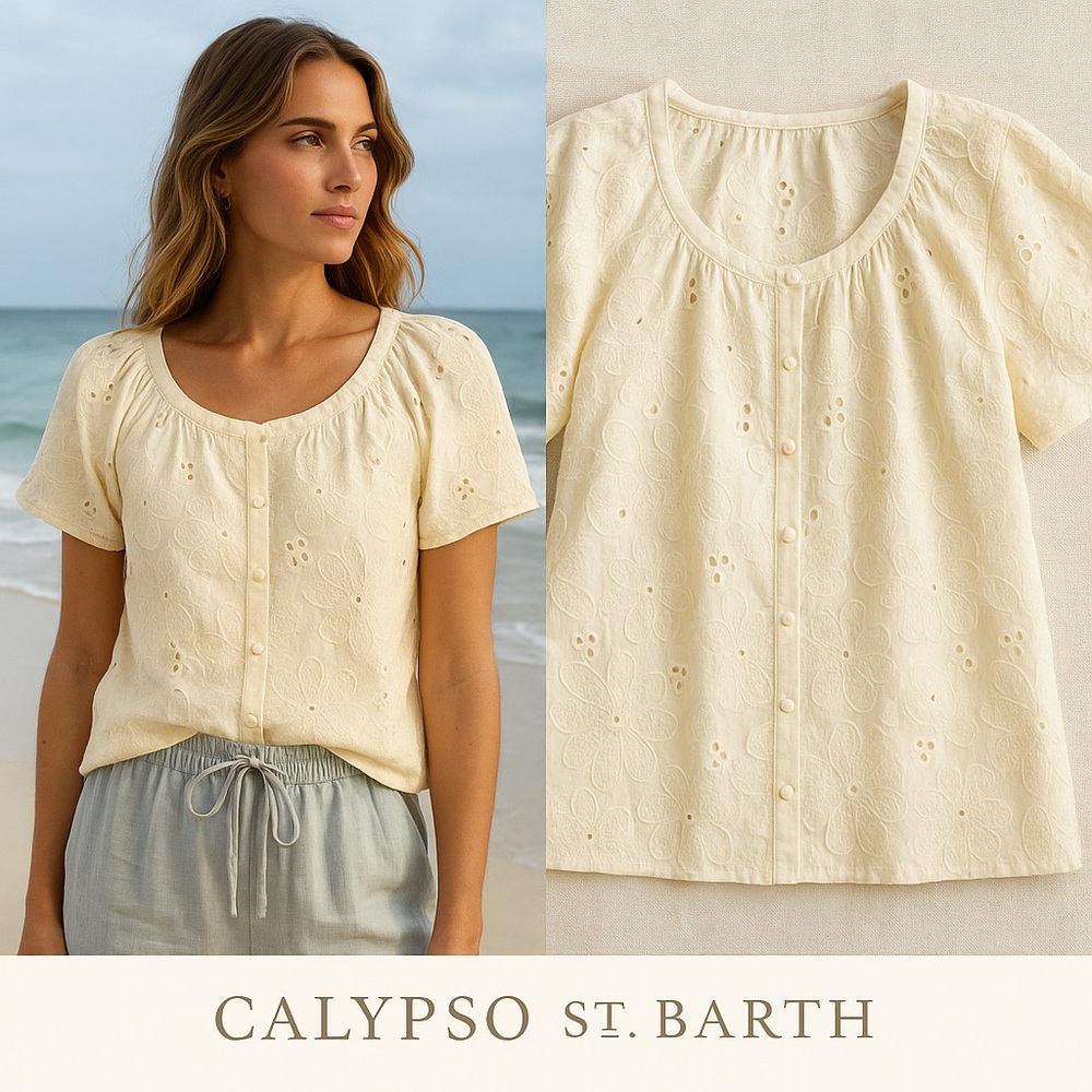 Calypso St Barth Cream Cotton Eyelet Blouse Boho Resort Top EUC Made Jordan M